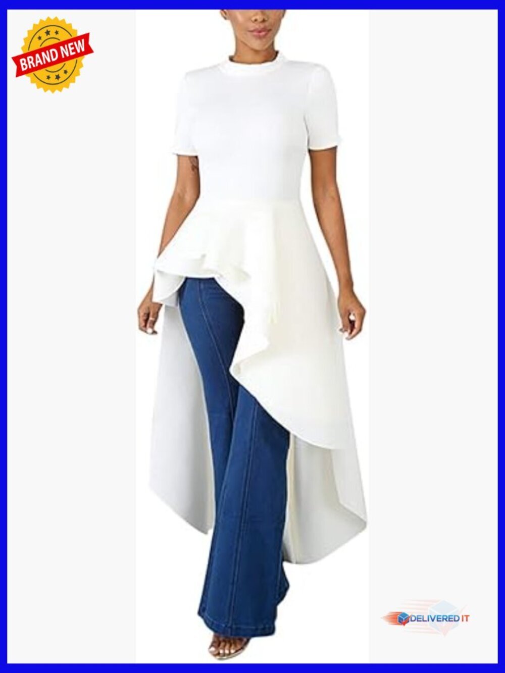 Casual Hi Low Ruffle Hem Peplum Dress Short Sleeve Tunic Top